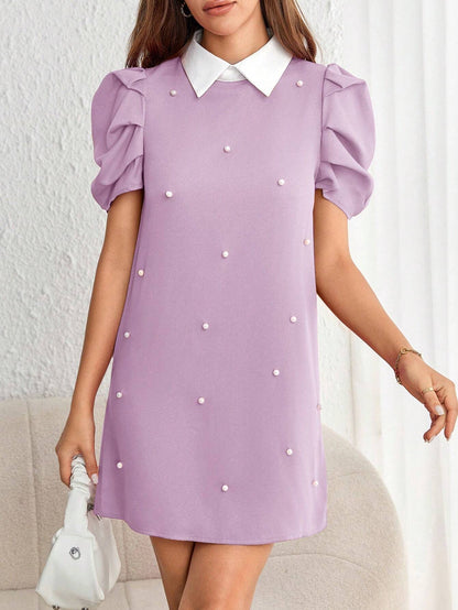 Minimalist Pleated Puff Sleeve Mini Dress with Pearl Detail | Lavender Loose Fit Daily Wear Dress