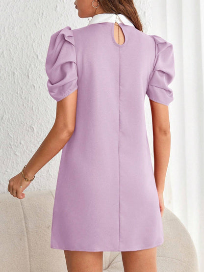 Minimalist Pleated Puff Sleeve Mini Dress with Pearl Detail | Lavender Loose Fit Daily Wear Dress