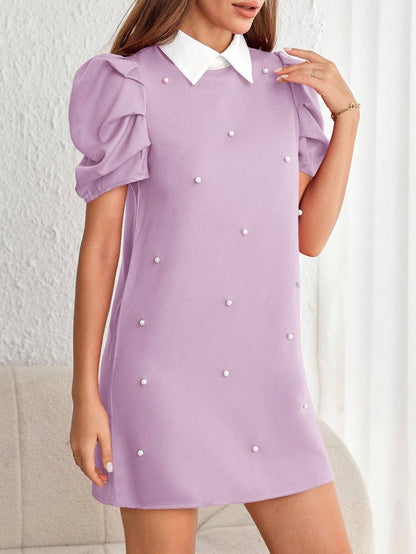 Minimalist Pleated Puff Sleeve Mini Dress with Pearl Detail | Lavender Loose Fit Daily Wear Dress