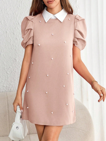 Minimalist Pleated Puff Sleeve Mini Dress with Pearl Detail | Lavender Loose Fit Daily Wear Dress