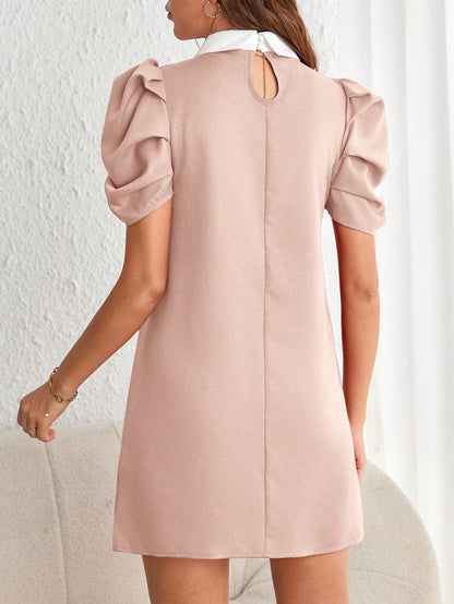 Minimalist Pleated Puff Sleeve Mini Dress with Pearl Detail | Lavender Loose Fit Daily Wear Dress