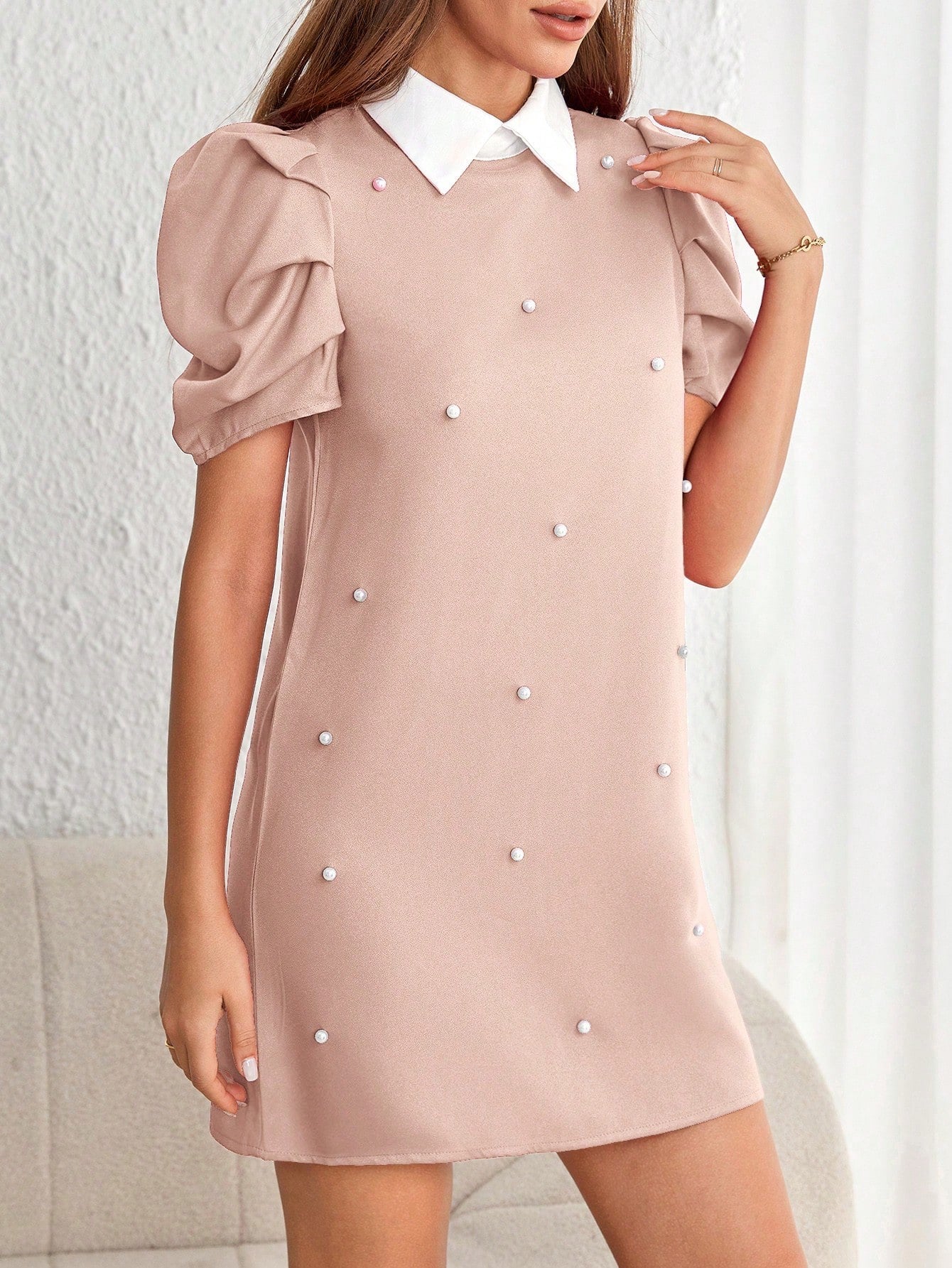 Minimalist Pleated Puff Sleeve Mini Dress with Pearl Detail | Lavender Loose Fit Daily Wear Dress