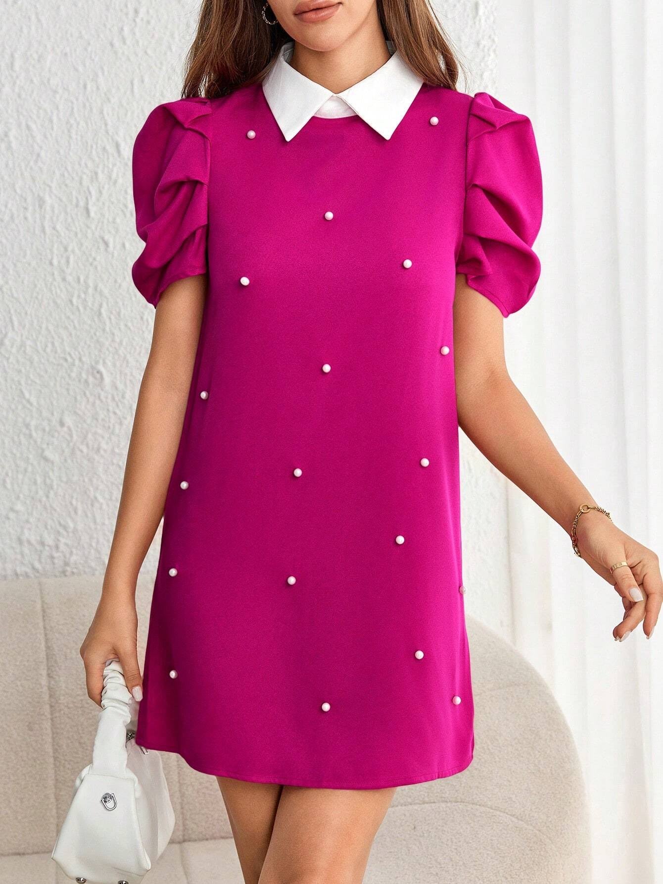 Minimalist Pleated Puff Sleeve Mini Dress with Pearl Detail | Lavender Loose Fit Daily Wear Dress