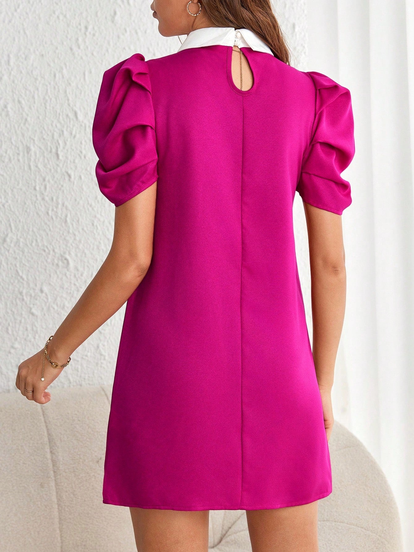 Minimalist Pleated Puff Sleeve Mini Dress with Pearl Detail | Lavender Loose Fit Daily Wear Dress