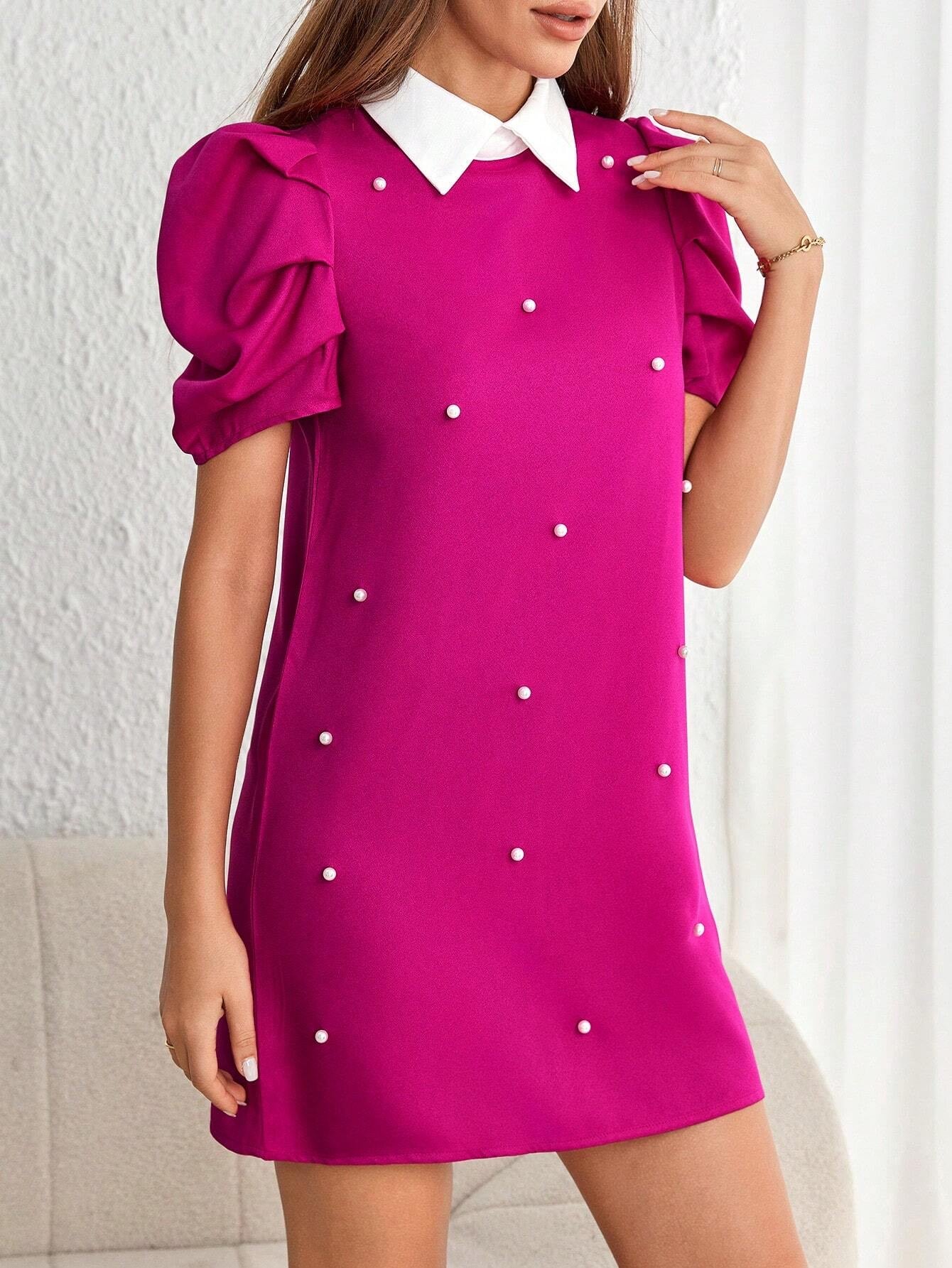 Minimalist Pleated Puff Sleeve Mini Dress with Pearl Detail | Lavender Loose Fit Daily Wear Dress