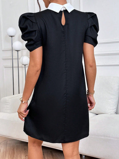 Minimalist Pleated Puff Sleeve Mini Dress with Pearl Detail | Lavender Loose Fit Daily Wear Dress