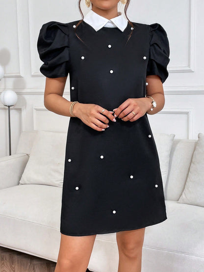 Minimalist Pleated Puff Sleeve Mini Dress with Pearl Detail | Lavender Loose Fit Daily Wear Dress