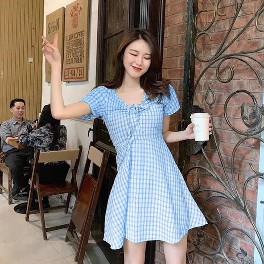 Korean Style Sweet Girl V-Neck Babydoll Mini Dress | Cute Cotton Checked Date Wear Dress