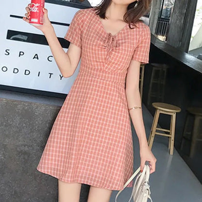 Korean Style Sweet Girl V-Neck Babydoll Mini Dress | Cute Cotton Checked Date Wear Dress