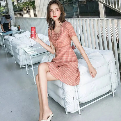 Korean Style Sweet Girl V-Neck Babydoll Mini Dress | Cute Cotton Checked Date Wear Dress