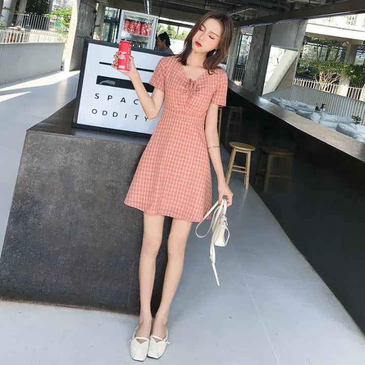 Korean Style Sweet Girl V-Neck Babydoll Mini Dress | Cute Cotton Checked Date Wear Dress