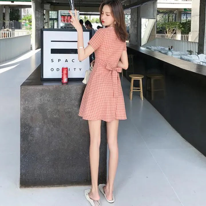 Korean Style Sweet Girl V-Neck Babydoll Mini Dress | Cute Cotton Checked Date Wear Dress