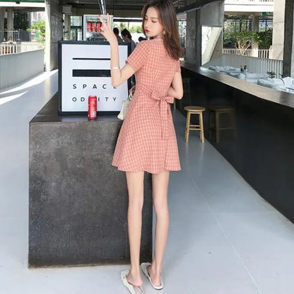 Korean Style Sweet Girl V-Neck Babydoll Mini Dress | Cute Cotton Checked Date Wear Dress