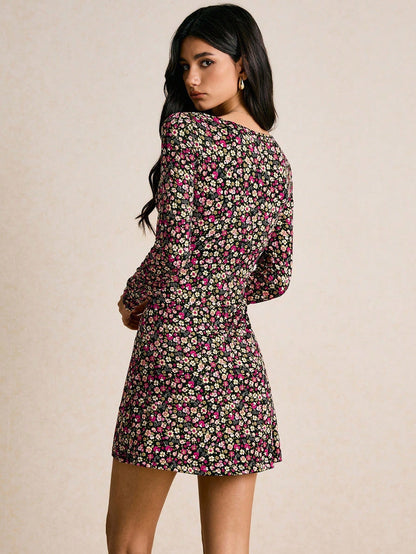 Vintage Floral V-Neck Mini Dress with Long Sleeves & Tie-Front | Boho Skater Fall Dress