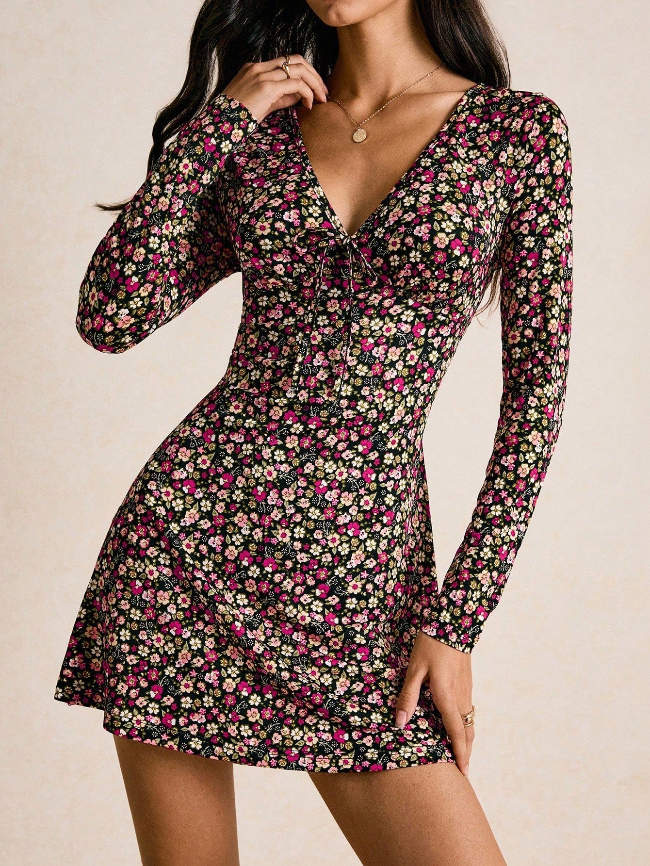 Vintage Floral V-Neck Mini Dress with Long Sleeves & Tie-Front | Boho Skater Fall Dress