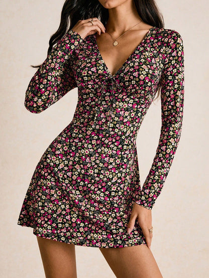 Vintage Floral V-Neck Mini Dress with Long Sleeves & Tie-Front | Boho Skater Fall Dress