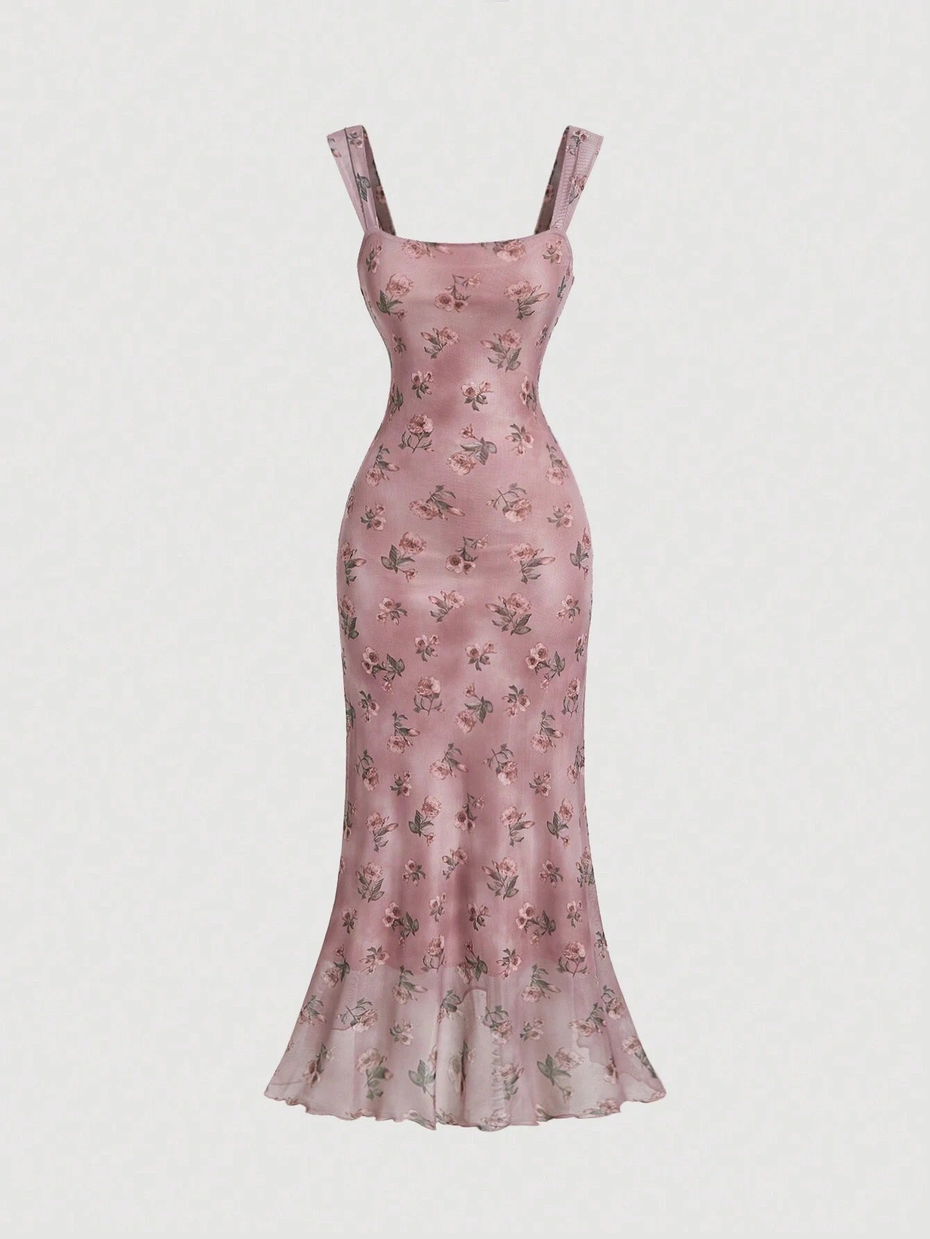 Vintage Floral Square Neck Halter Midi Dress | Slim Fit Flowy Prom & Wedding Guest Dress