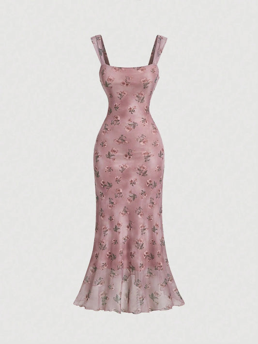 Vintage Floral Square Neck Halter Midi Dress | Slim Fit Flowy Prom & Wedding Guest Dress