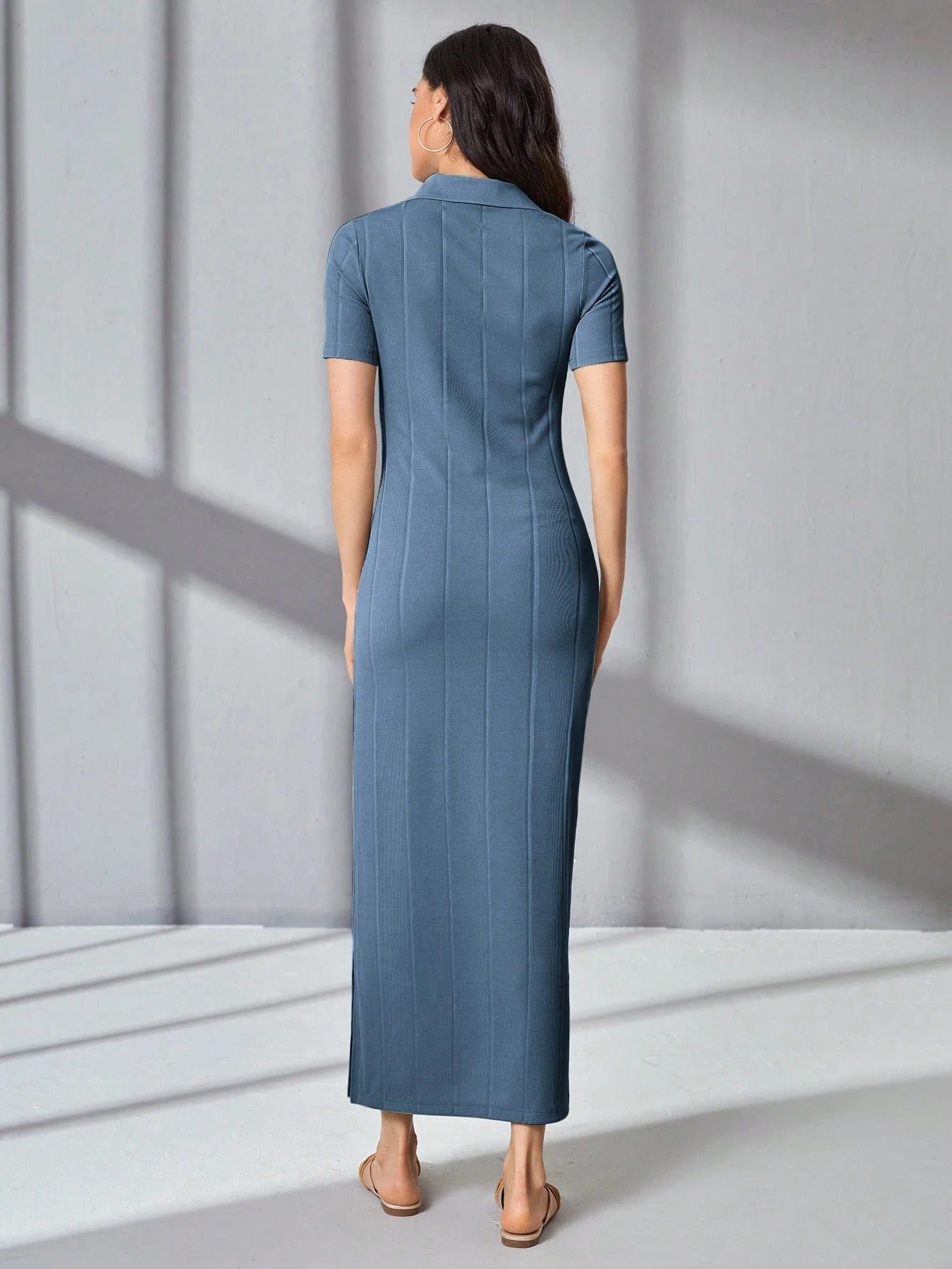 Dusty Blue Ribbed Knit Long Dress | Slim Fit Stretch Bodycon Half Sleeve Dress