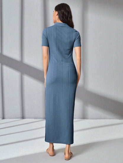 Dusty Blue Ribbed Knit Long Dress | Slim Fit Stretch Bodycon Half Sleeve Dress