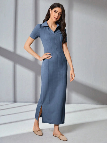 Dusty Blue Ribbed Knit Long Dress | Slim Fit Stretch Bodycon Half Sleeve Dress
