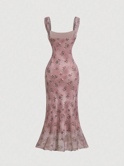Vintage Floral Square Neck Halter Midi Dress | Slim Fit Flowy Prom & Wedding Guest Dress