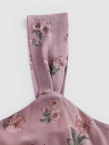 Vintage Floral Square Neck Halter Midi Dress | Slim Fit Flowy Prom & Wedding Guest Dress