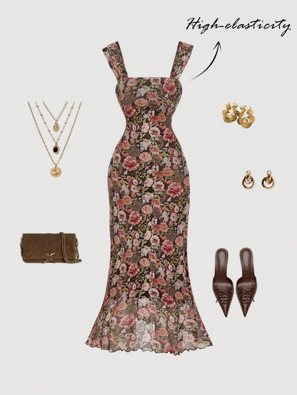 Vintage Floral Square Neck Halter Midi Dress | Slim Fit Flowy Prom & Wedding Guest Dress