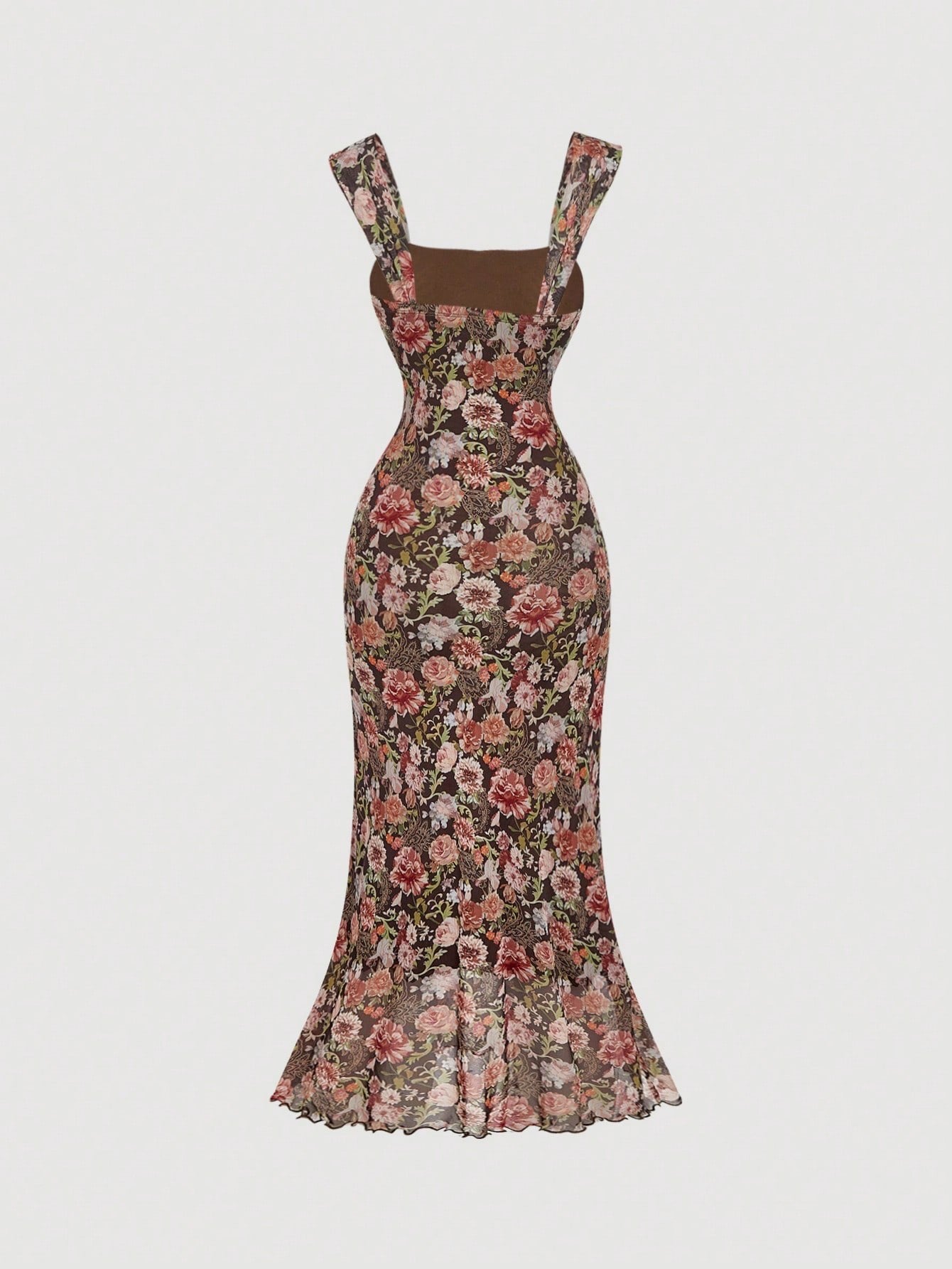 Vintage Floral Square Neck Halter Midi Dress | Slim Fit Flowy Prom & Wedding Guest Dress