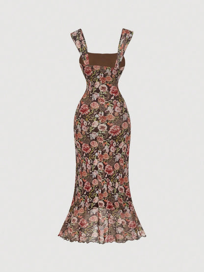 Vintage Floral Square Neck Halter Midi Dress | Slim Fit Flowy Prom & Wedding Guest Dress