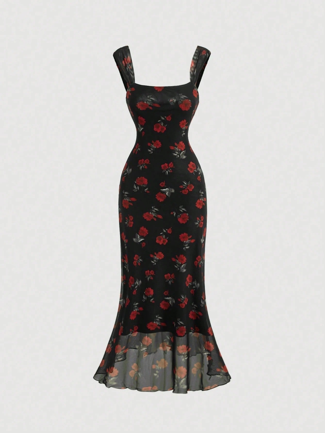 Vintage Floral Square Neck Halter Midi Dress | Slim Fit Flowy Prom & Wedding Guest Dress