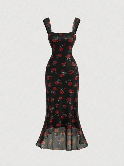 Vintage Floral Square Neck Halter Midi Dress | Slim Fit Flowy Prom & Wedding Guest Dress