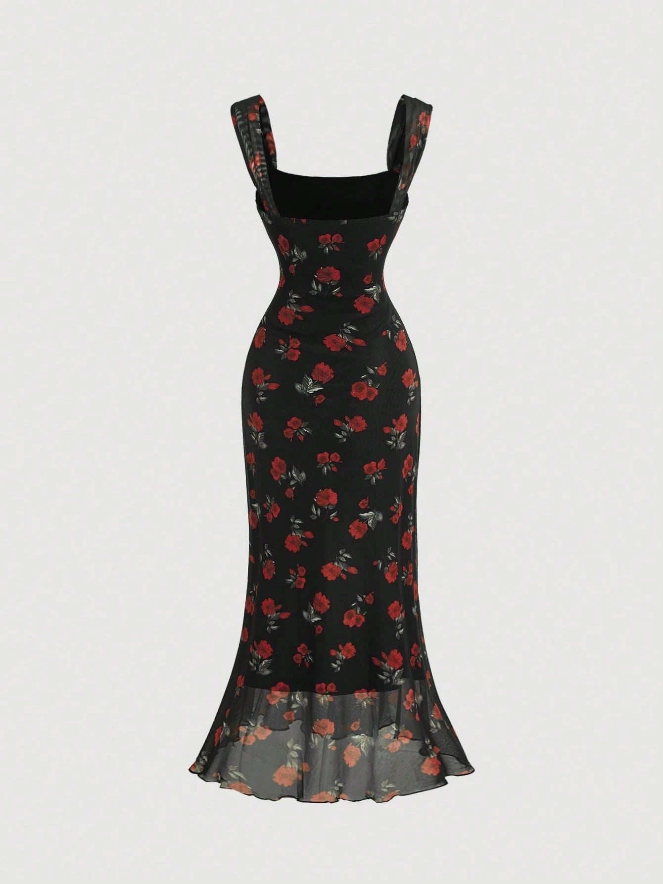 Vintage Floral Square Neck Halter Midi Dress | Slim Fit Flowy Prom & Wedding Guest Dress