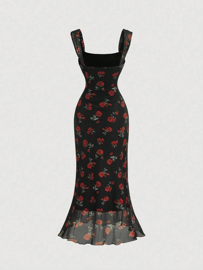 Vintage Floral Square Neck Halter Midi Dress | Slim Fit Flowy Prom & Wedding Guest Dress