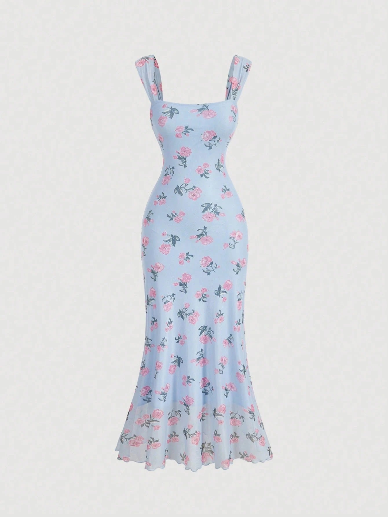 Vintage Floral Square Neck Halter Midi Dress | Slim Fit Flowy Prom & Wedding Guest Dress