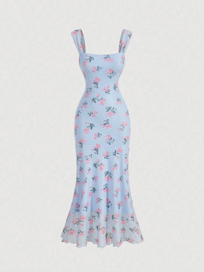 Vintage Floral Square Neck Halter Midi Dress | Slim Fit Flowy Prom & Wedding Guest Dress