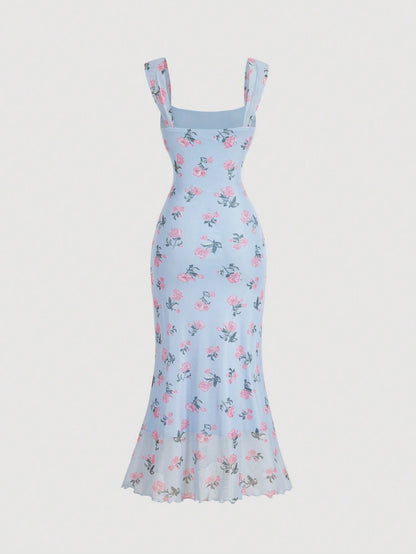 Vintage Floral Square Neck Halter Midi Dress | Slim Fit Flowy Prom & Wedding Guest Dress