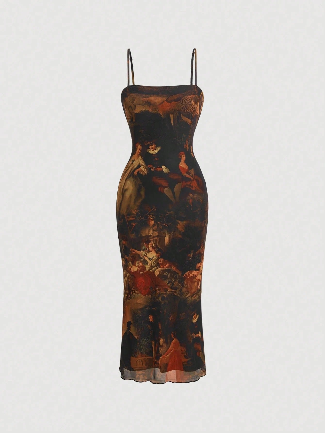 Retro Vintage Figure Graphic Mesh Cami Midi Dress | Slim Fit Lettuce Trim Bodycon Dress