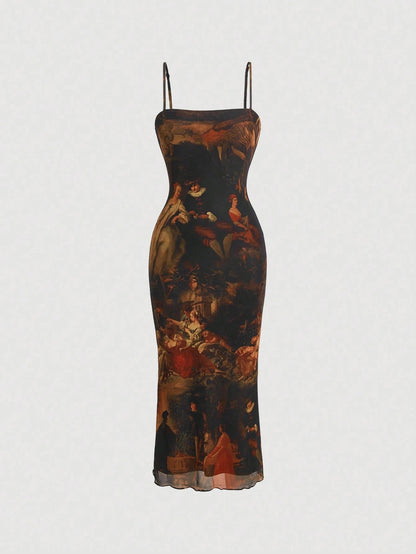 Retro Vintage Figure Graphic Mesh Cami Midi Dress | Slim Fit Lettuce Trim Bodycon Dress