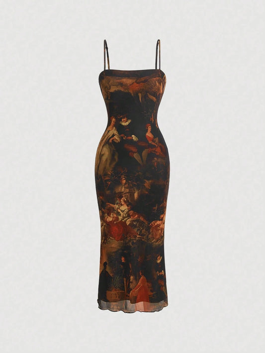 Retro Vintage Figure Graphic Mesh Cami Midi Dress | Slim Fit Lettuce Trim Bodycon Dress