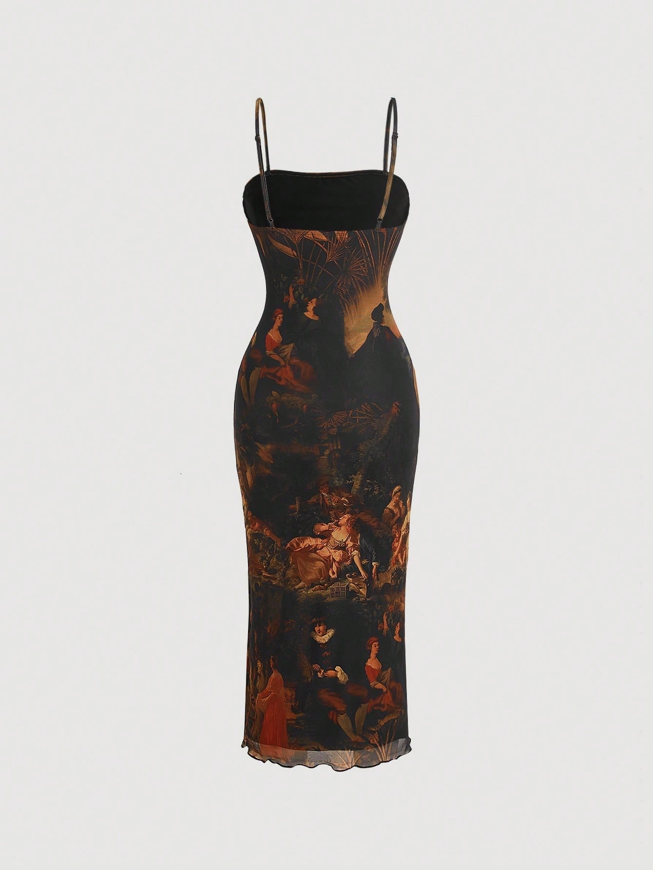 Retro Vintage Figure Graphic Mesh Cami Midi Dress | Slim Fit Lettuce Trim Bodycon Dress