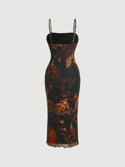 Retro Vintage Figure Graphic Mesh Cami Midi Dress | Slim Fit Lettuce Trim Bodycon Dress