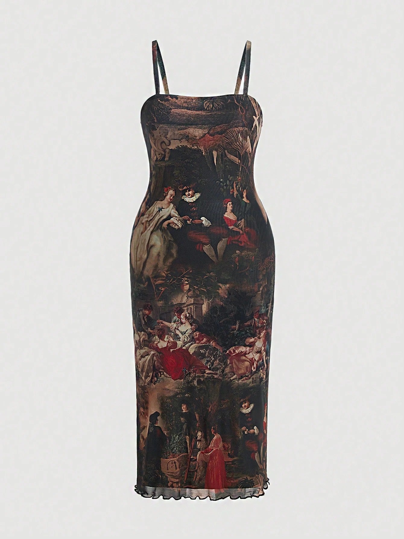 Retro Vintage Figure Graphic Mesh Cami Midi Dress | Slim Fit Lettuce Trim Bodycon Dress