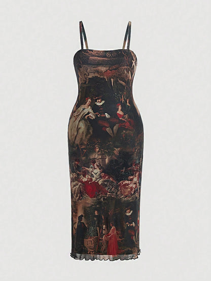 Retro Vintage Figure Graphic Mesh Cami Midi Dress | Slim Fit Lettuce Trim Bodycon Dress