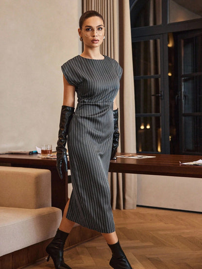 Grey Striped Crew Neck Midi Dress | Slim Fit Office Wear & Business Casual Summer Dress