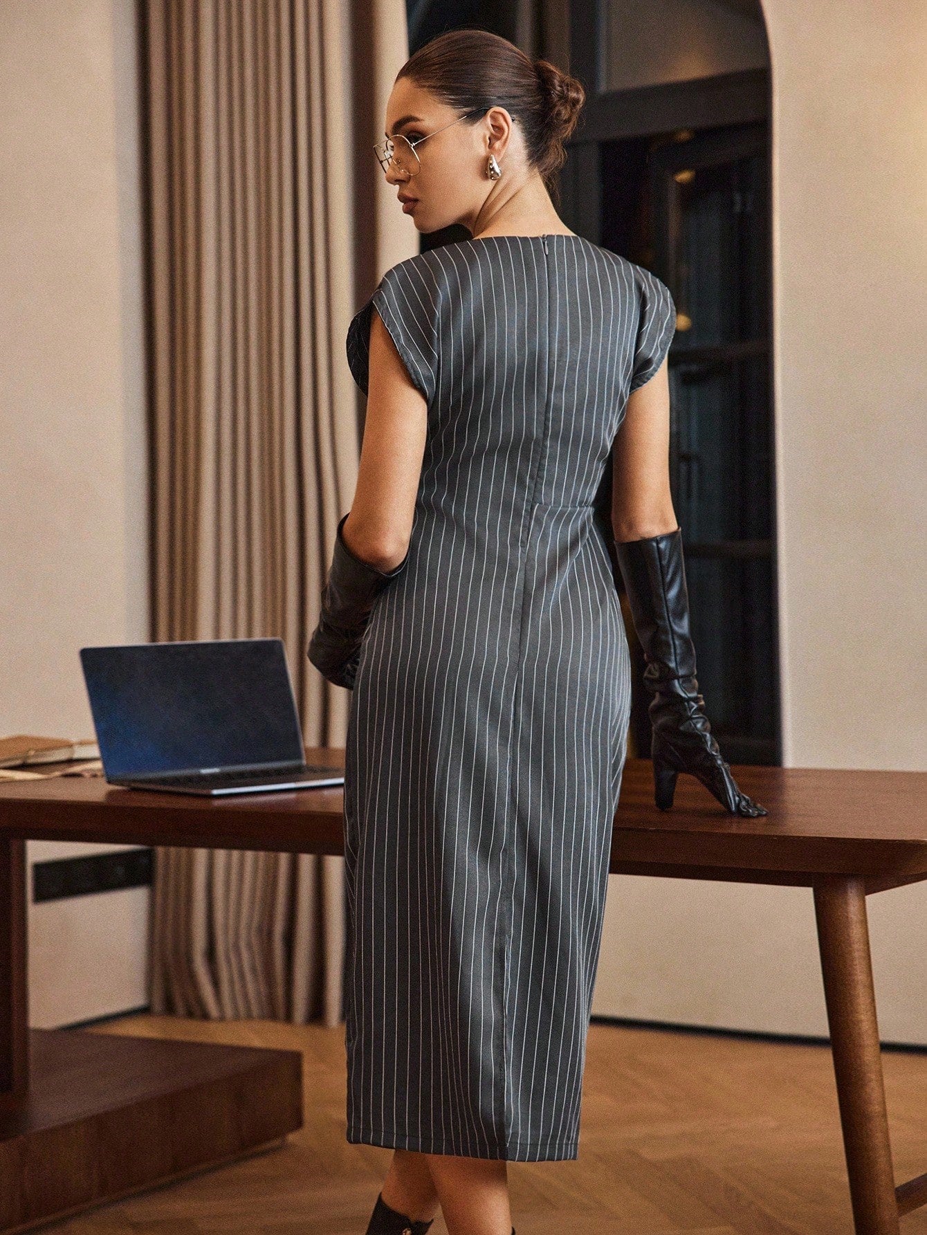 Grey Striped Crew Neck Midi Dress | Slim Fit Office Wear & Business Casual Summer Dress