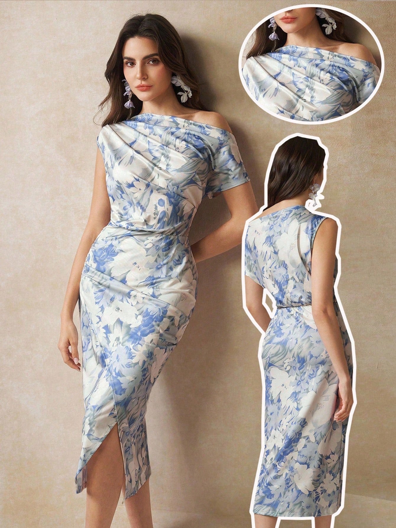 Blue Off-Shoulder Midi Dress | Slim Fit Casual Sun Dress with High Stretch