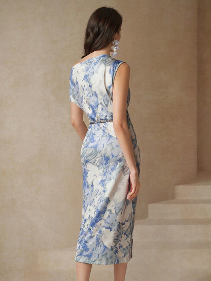 Blue Off-Shoulder Midi Dress | Slim Fit Casual Sun Dress with High Stretch