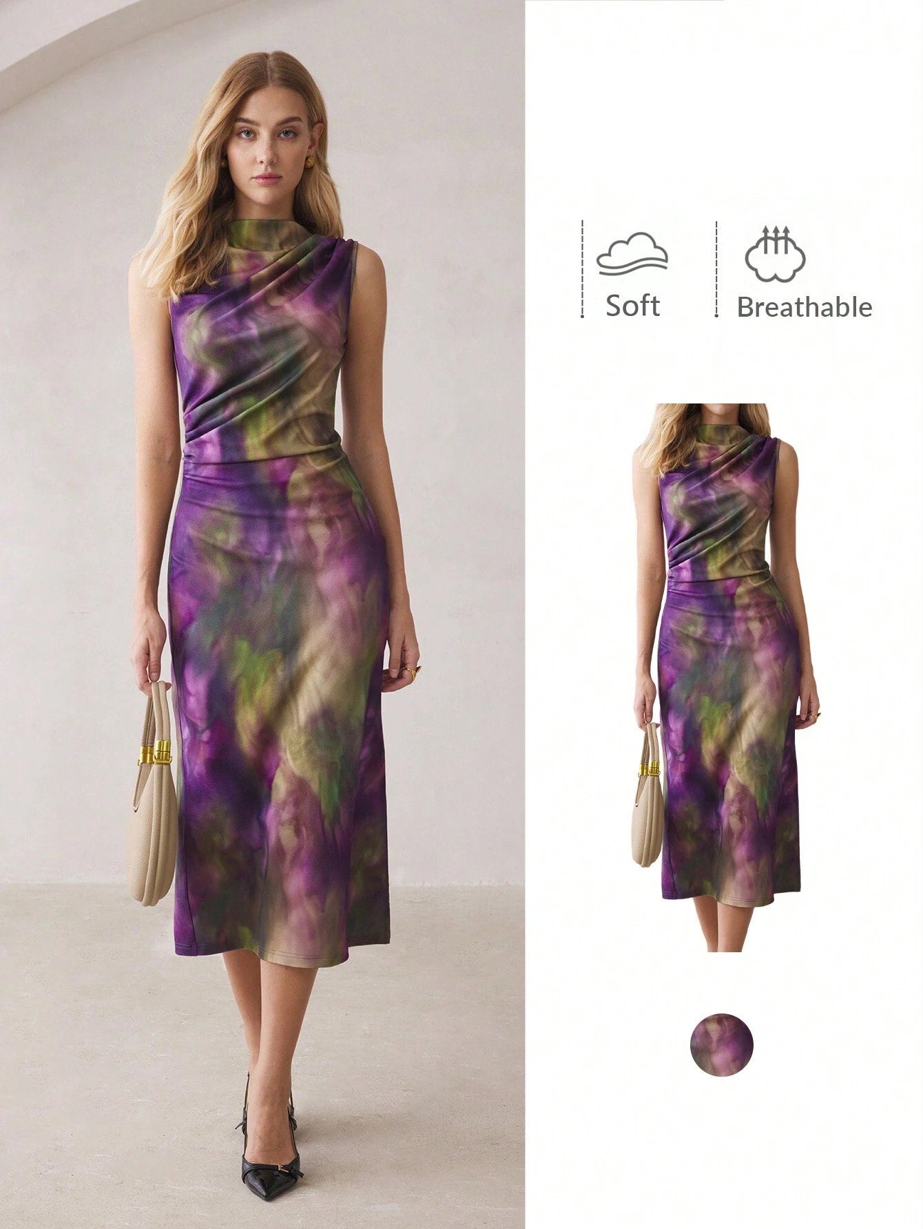 Purple Tie-Dye Sleeveless Off-Shoulder Midi Dress | Slim Fit High-Neck Party & Commute Wear