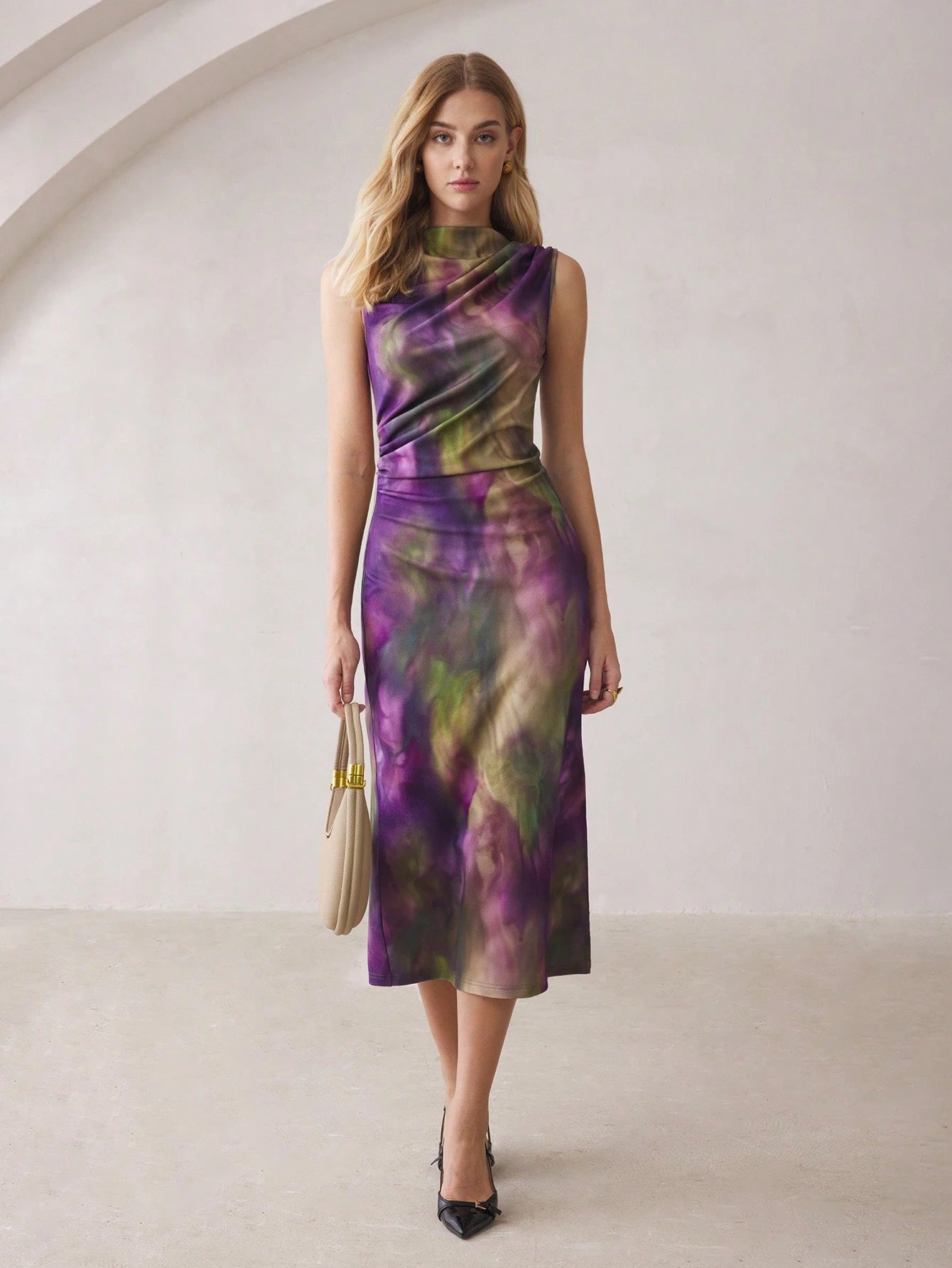 Purple Tie-Dye Sleeveless Off-Shoulder Midi Dress | Slim Fit High-Neck Party & Commute Wear